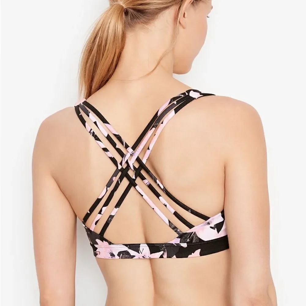 Victoria’s Secret Strappy Back Light Impact padded sport bra Black Pink lilies